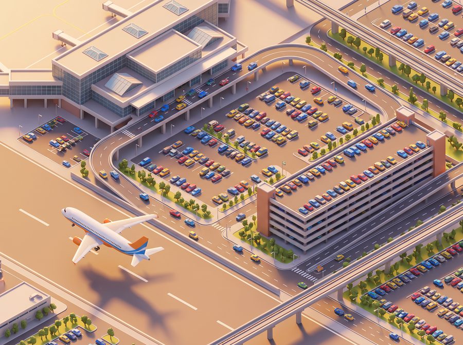 An airport with its parking lots filling with travellers' cars