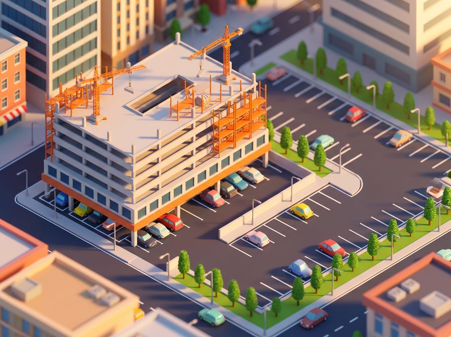 A parking garage under construction beside a busy surface lot