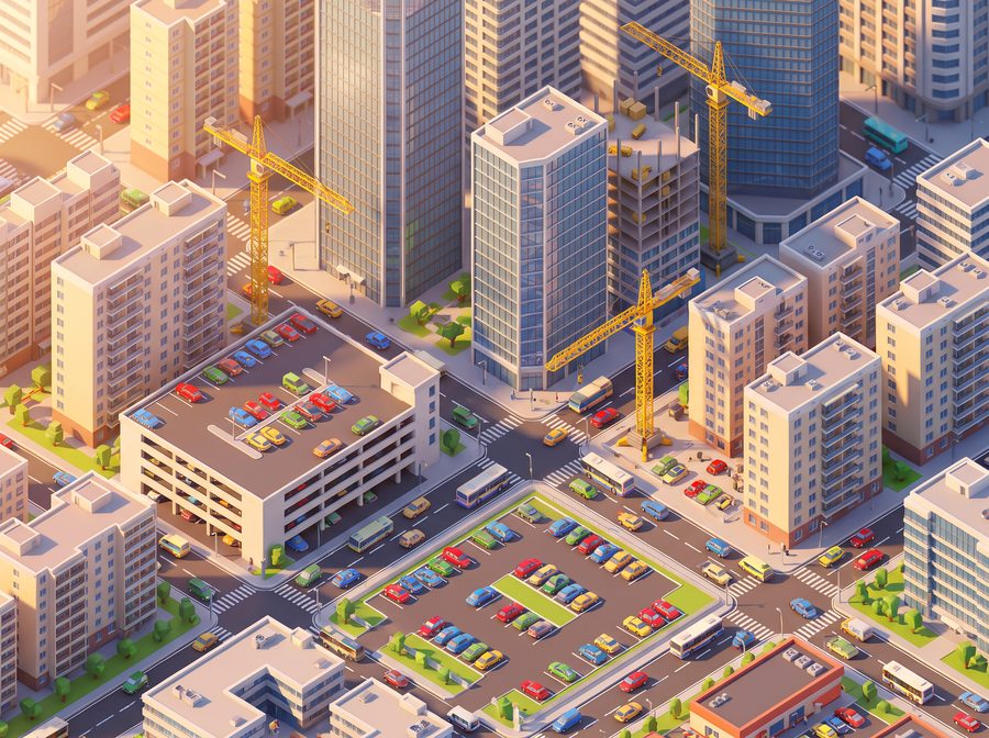 A city growing with cranes and new towers beside busy car parks