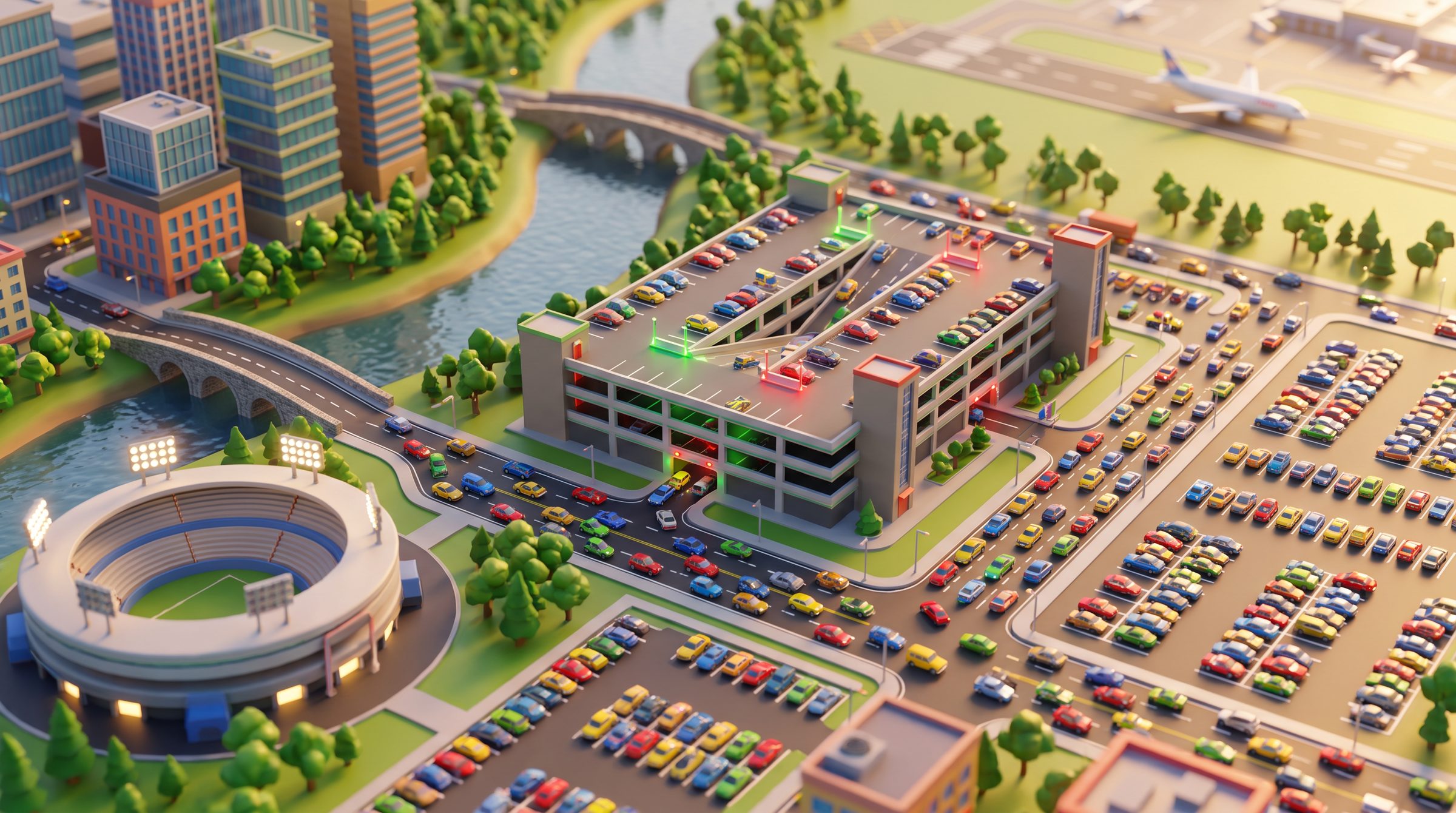 A miniature city at golden hour, cars streaming into a parking garage