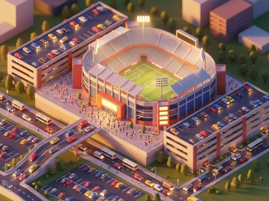 A stadium lit up on game night, its car parks filling